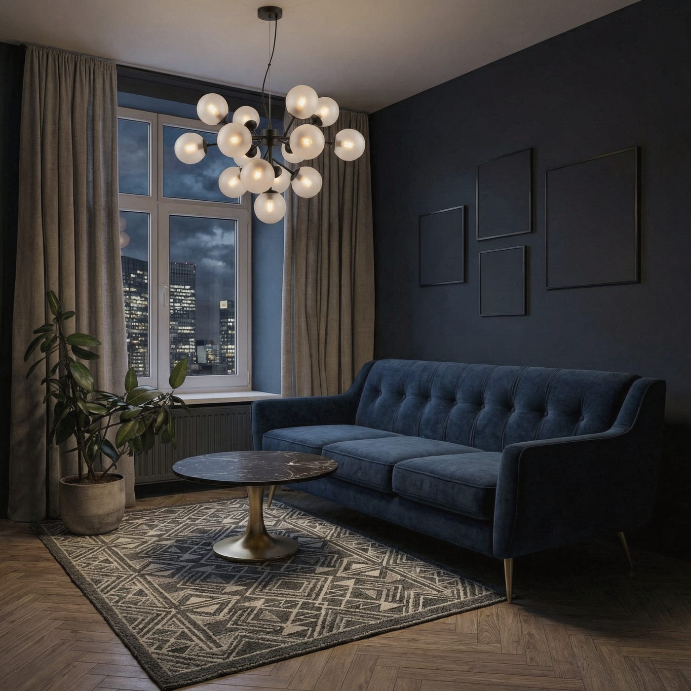 Render fotorealistico di un soggiorno moderno con cucina a vista generato con l'AI